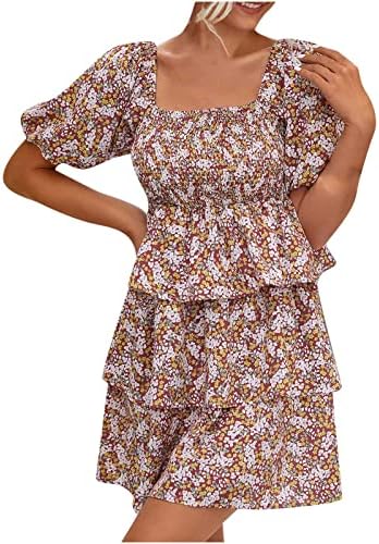 Vestidos de pescoço quadrado de verão feminino vestidos de manga curta estampa floral plufle mini vestido casual