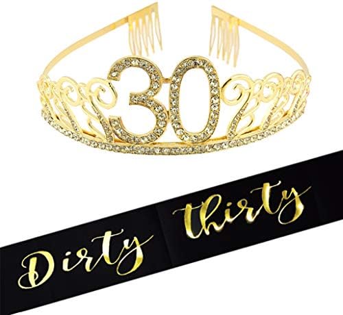 30º Brithday Gold Tiara and Sash, Glitter Satin Dirty Thirty Sash e Rhinestone Crystal Birthday