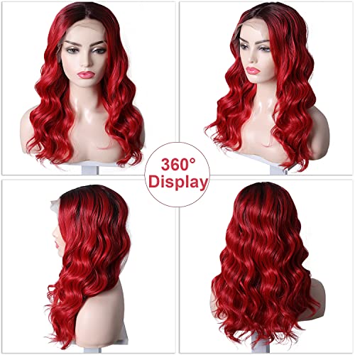FUHSI WAVY WIG ombre Red Wigs para mulheres perucas frontais de renda encaracolada com raízes escuras fibras