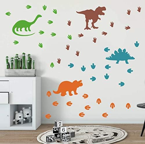 Dinossauros de dinossauros de dinossauros pegadas de dinossauros e rastreamentos Arte de parede de vinil para meninos e garotas quarto quarto berçário decoração de parede murais ag01