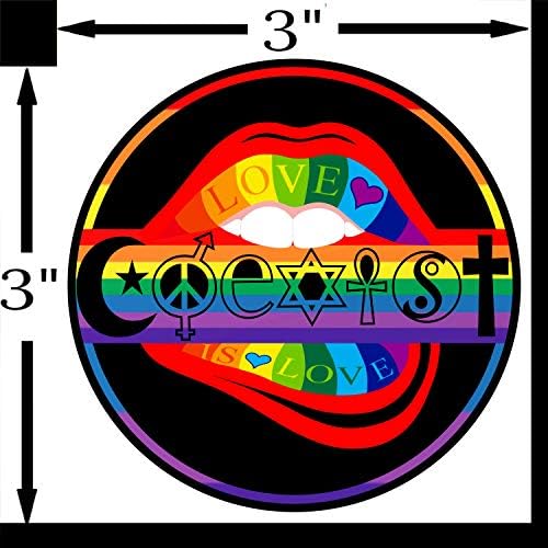 Adesivo de lábios LGBT coexistente - amor é amor arco -íris premium decalque de vinil 3 x 3 círculo | carro de carro