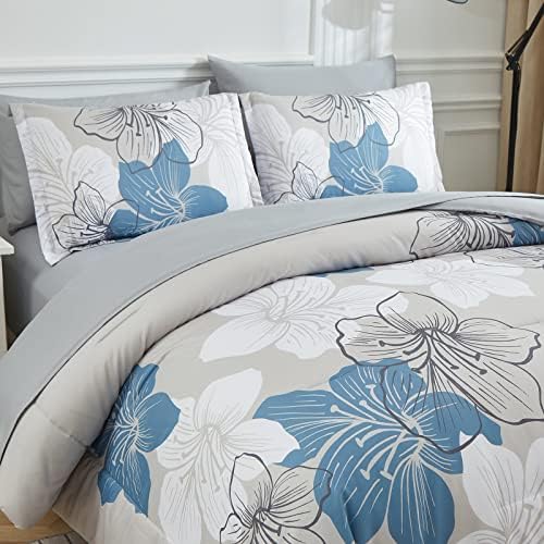 Luxudecor Floral Consold Set Queen, Blue floral impresso em cinza claro, microfibra macia 7 peças cama em uma