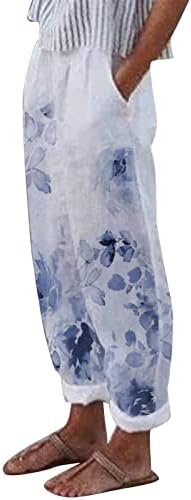 Calças de linho para mulheres calças cônicas de impressão floral casual vintage com calças Capri de Capri