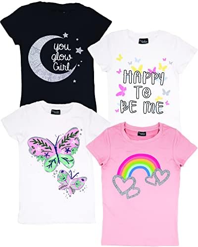 Miss Girls Populares 4-Pack Super Manga Camisetas de Manga Curta Rainbow Butterfly Glitter Print Design