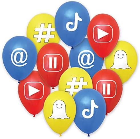Balões de festa de mídia social! 4ea. Balões de látex vermelho, amarelo e azul de 12 ”com gráficos