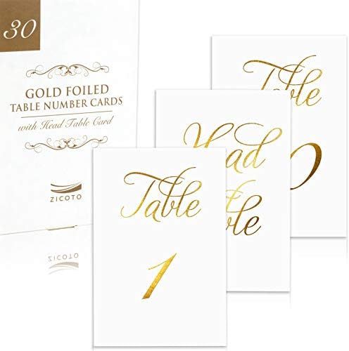Números de mesa de casamento lindos - elegantes letras de folha de ouro de dupla face com cartão de mesa de cabeça - 4 x 6 polegadas e numerado 1-30 - Perfeito para casamentos e eventos