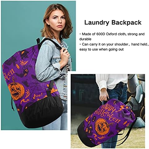 Halloween Black Cat Pumpkin Laundry Bag com tiras de ombro para lavanderia Backpack Bolsa Fechamento de Custring Durnato Handper para Camp Laundromat Essentials Travel
