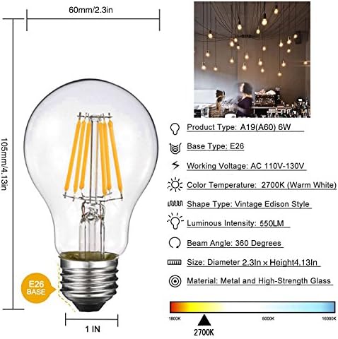 Yfxrlight vintage Edison LED Bulbo, lâmpada de LED antiga de 6w A19, 6W, equivalente a ventilador