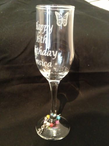 Flauta de vidro de champanhe feliz aniversário personalizada com borboletas por presentes chichi