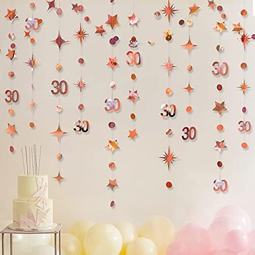 Decorações de aniversário de 30º aniversário rosa Número 30 Circle Dot Twinkle Star Garland Metallic