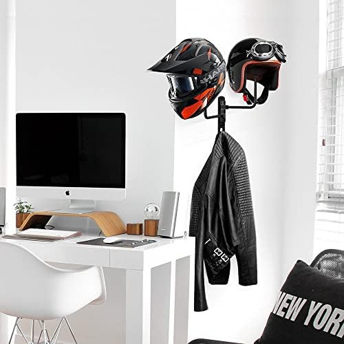 Porta de capacete de motocicleta anzome, rack de capacete de motocicleta com 2 suporte de bola redonda, suporte para o capacete de parede de parede de 180 graus para casacos de bicicleta de motocicleta, chapéus, bolas de beisebol, capacete de rugby