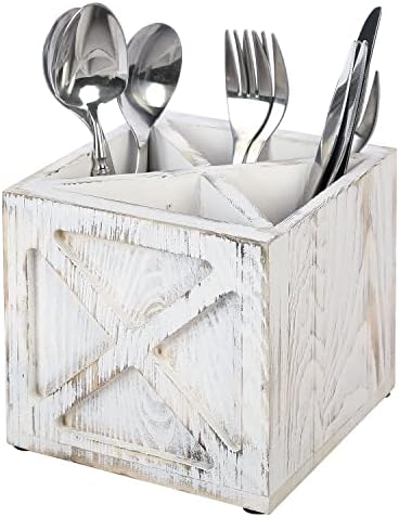 Mygift White Whites Solid Wood Kitchen Utensil Suports Crock Banchartop Storage Organizer com 4 compartimentos,
