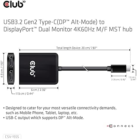 Clube 3d 2 Porta Multi Monitor Adaptador USB tipo C a duplo displayport 4K 60Hz Splitter- USB Tipo C para