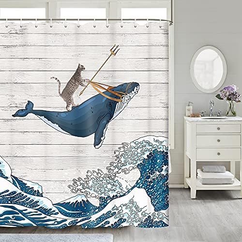Cortina de chuveiro de gato engraçado, baleia de pilotagem de gato fresco com ondas Japan Kanagawa