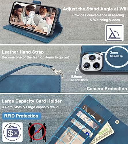 Caso Cavokas Carteira para iPhone 14 Pro Caixa de carteira, capa de couro destacável de 6,1 polegadas com suporte de cartão, compatível com MagSafe Wireless Charging Kickstand Tople Block RFID, Blue