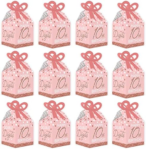 Big Dot of Happiness 10th Pink Rose Gold Birthday - Square Favor Gift Boxes - Feliz Aniversário