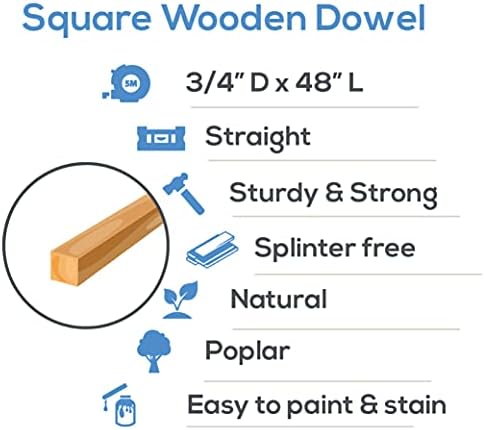 Hastes de dowel quadrado de madeira 3/4 polegadas x 48 pacote de 25 palitos de madeira para artesanato e madeira por pica -pau