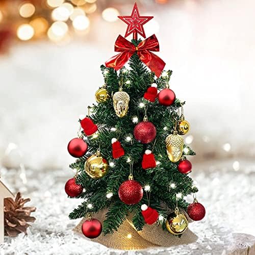 Árvore de Natal de 24 polegadas de mesa, mini árvore de Natal artificial com luz LED e pinha dourada e chapéu de Natal e arco vermelho e bola brilhante para decoração de dia de Natal