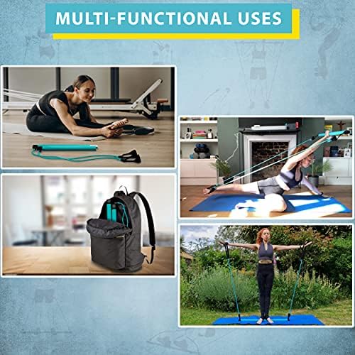 Flexies Kit de barra portátil Pilates com faixa de mia de 8 loop gratuita, Vídeos de exercícios e manual de exercícios + guia de alinhamento de postura, refeição e planejador de exercícios | Resistência ajustável e comprimento