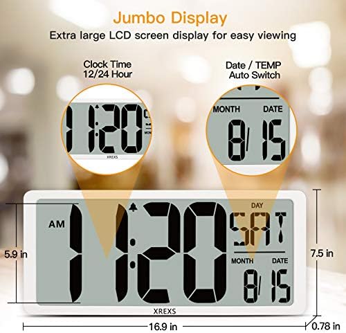 XRexs grande relógio de parede digital com luz de fundo, tela Jumbo LCD de 16,9 polegadas com
