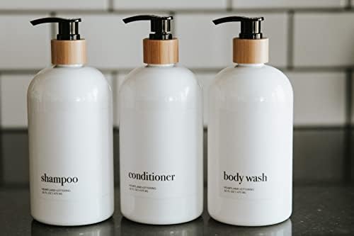 Shampoo e condicionador de plástico com dispensador de bambu, acessórios de banheiro de bambu,