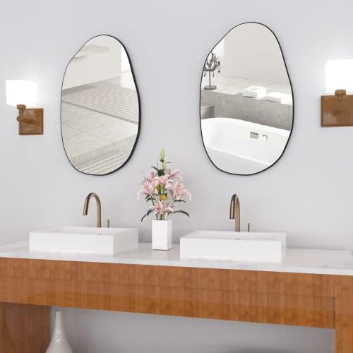 Espelho irregular de parede irregular de Manocorre, mirro assimétrico, espelho de banheiro emoldurado preto de parede grande montado na parede, espelho de vaidade exclusivo, espelho de molho irregular para entrada da sala de estar, 33,5 '' x 20,5 ''