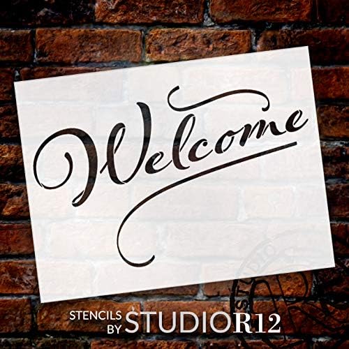 Sinal de boas -vindas estêncil por Studior12 | Modelo Mylar reutilizável | Use para pintar sinais