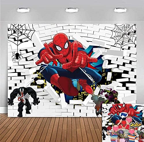 White Brick Wall Spiderman Photo Background 5x3ft Poliéster Superhero Cityscape Spider Web para crianças
