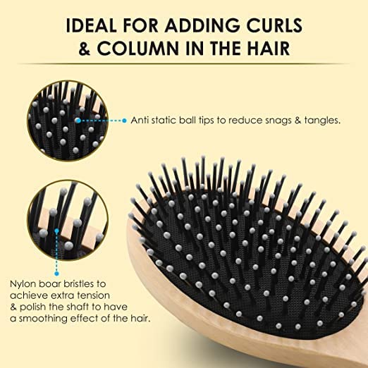 Escova de cabelo oval larga de madeira com cerdas de nylon fortes e flexíveis, tendo pontas de bola