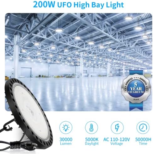 VIUGREUM 2PACK LED High Bay Light 5000k, 200w, 20000lm Luzes de baía High Bay com plug luminagem comercial