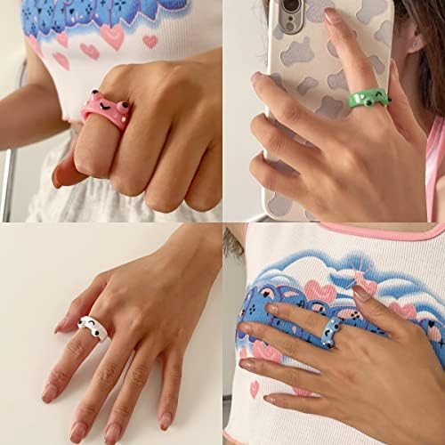 Anel de argila de gato de sapo pingyongchang, resina de acrílica de animais fofa personalizada colorida anéis engraçados Presente de joias para mulheres adolescentes