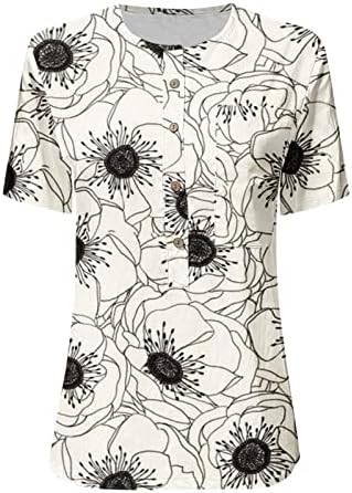 Botões de impressão de flores casuais da moda feminina o pescoço de manga curta camiseta camiseta