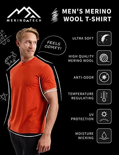 Merino.Tech Merino Wool T -shirt Mens - de lã orgânica de lã de camisa leve camada de base leve + meias