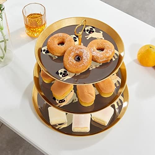 3 Placa de fruta de cupcake de 3 camadas de sobremesa Plástico para servir suporte de exibição para casamento de aniversário de bebê Decorações de chá de chá de bebê redondo, lindas pugs