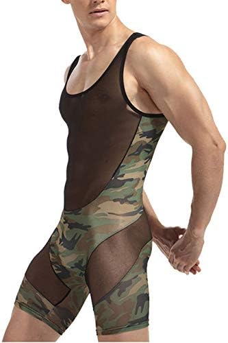 Kaerm Men's Camouflage See-through Mesh Tatchwork Shorts Sport Sport Jumpsuit Mankini Bodysuit de roupa íntima