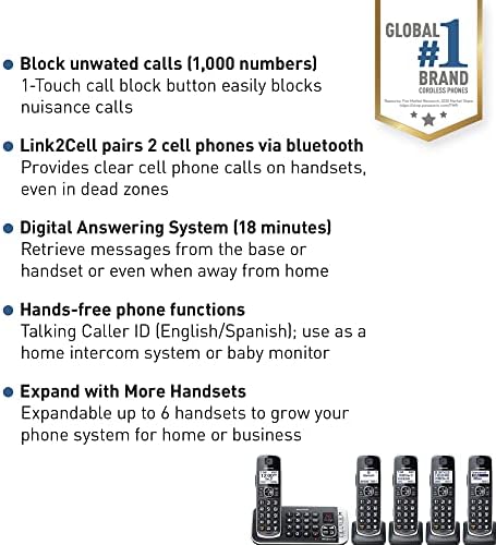 Panasonic Link2Cell Bluetooth Dect 6.0 Sistema de telefone sem fio expansível com a máquina de atendimento