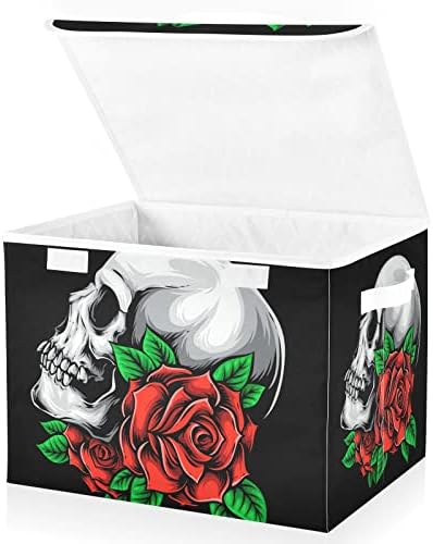 Innwgogo Skull Roses Bins com tampas para organizar a cesta de organizadores com tampa com alças Oxford Ploth Storage Cube Box for Dog Toys