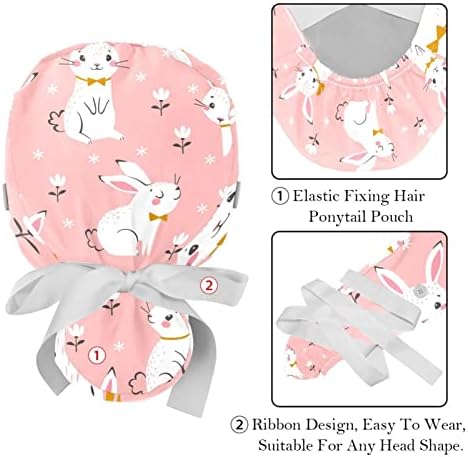 Mersov Cartoon Flores de coelho brancos Capinho de trabalho ajustável rosa com suporte de rabo de cavalo, 2 pacotes de limpe