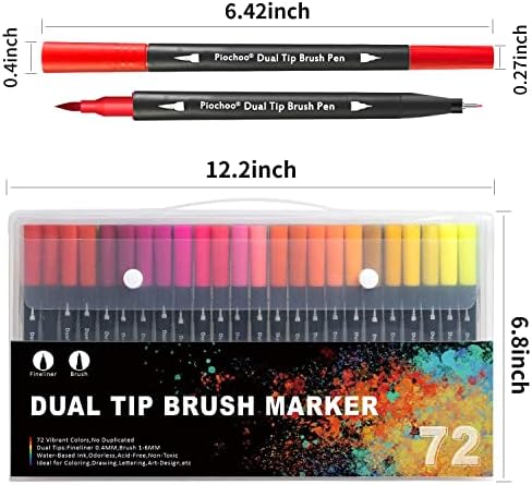 Piochoo Dual Brush Marker Cenadores, 72 marcadores coloridos com ponta fina e ponta da escova para crianças,
