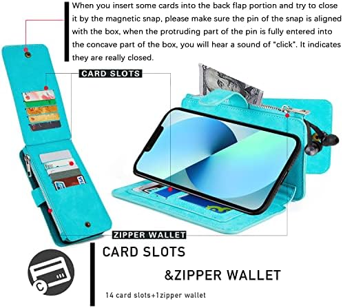 Modos Logicos Case para iPhone 14 Plus 6.7 , [Folio de carteira destacável] [armazenamento em dinheiro com zíper] [Slots de até 14 cartas 1 janela de idiota] PU de couro com caixa de TPU magnética interna removível - Teal