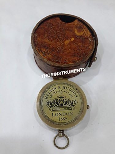 Náutico antigo Kelvin e Hughes Compass estilo feito à mão com caixa de couro marrom