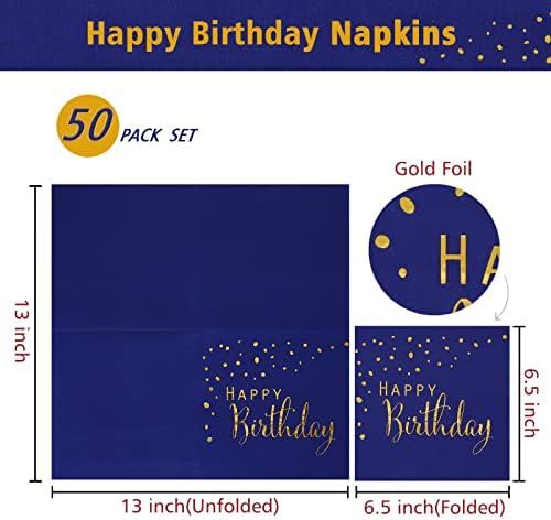 Dylives feliz aniversário guardanapos, pontas azuis e douradas guardanapos de papel descartável guardanapos de papel para jantar de piqueta