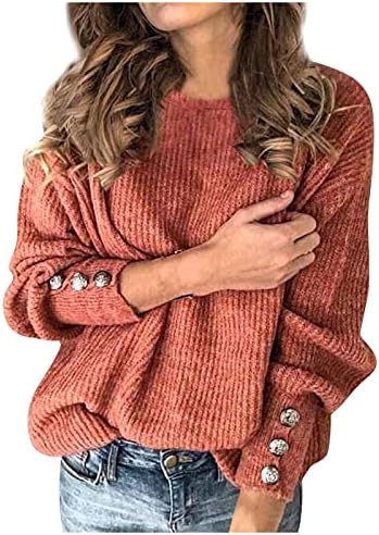 Suéteres femininos pullover redondo pescoço de botão exclusivo manga casual preguiçoso suéter solto