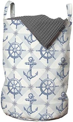 Bolsa de lavanderia náutica lunarável, âncora de bússola desenhada à mão com o volante de direção marítimo marinho