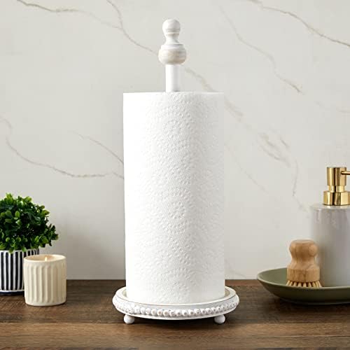 Suporte de toalha de papel rústico de madeira para organização de cozinha, suporte em pé para decoração moderna em casa, bancada, mesa de jantar, cor branca lavada