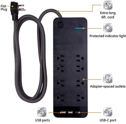 GE UltraPro 8 Protetor de Supernagem de Outlet e Protetor de Sutensão de Outlet Pro 7, 2 portas USB, cordão de extensão de 3 pés, 1780 Joules, 2,1 amp/10 watts, 3 pontos de venda espaçados, 37054