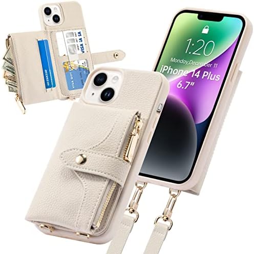 Lameeku Compatível com a carteira do iPhone 14 Plus Case, caixa de crossbody de couro à prova de choque com