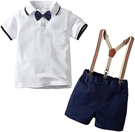 Roupa de verão de menino Camisa de manga curta + calça suspensa + gravata borbole