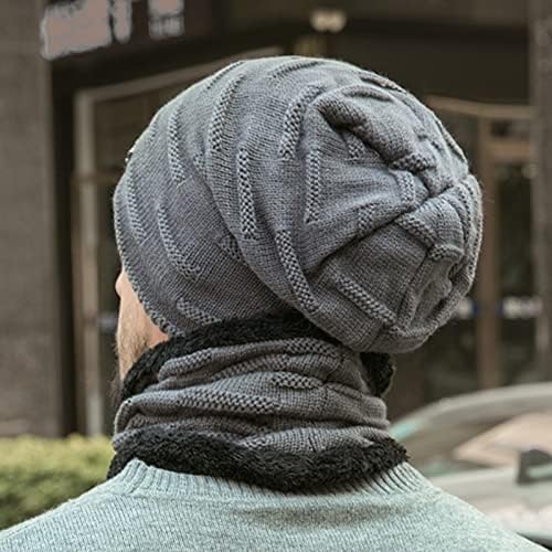 Hat de gorro de inverno quente e cachecol conjunto para homens lã de lã grossa forrada chapéu de chapéu