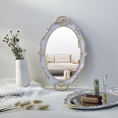 Kathfly 3 peças espelho vintage esculpido pendurado espelho pequeno espelho de parede oval estética branca de espelho antigo decorativo para quarto, sala de estar, cozinha, 14,5 x 10 polegadas